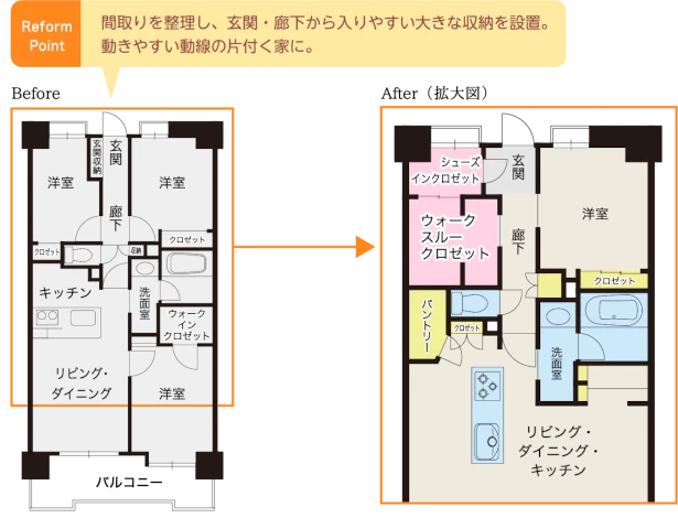 間取りを整理し、玄関・廊下から入りやすい大きな収納を設置。 動きやすい動線の片付く家に。